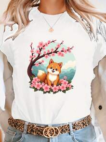 Camiseta con Estampado de Shiba Inu y Flores de Cerezo, Manga Corta y Cuello Redondo, Top Casual para Verano y Primavera, Ropa de Mujer - Blanco - Ver 2