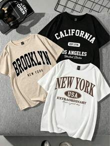 Camisetas Manga Prenda individual, no un conjunto de 3 piezas, 1 piezas/set de camisetas de manga suitable for streetwear, Top oversized cuello redondo daily outings, camping, concerts, hip-hop, rock, and rap events Corta Cuello Redondo Estampado California Los Angeles Brooklyn New York Mujer - Negro - Ver 1