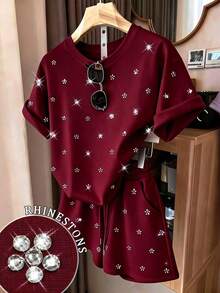 Conjunto informal de 2 piezas de mujer con estampado digital de rayas, cuello redondo y mangas cortas, regalo para amigos - Burdeos - Ver 1