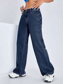 ICON Solid Color Wide Leg Pocket Jeans, Casual And Versatile - 深藍色 3 - 查看 10