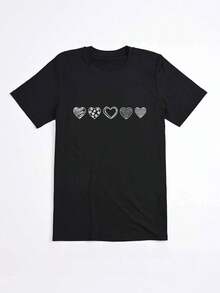 1 pieza de camiseta con estampado de corazón, top para mujer, verano, 180g, 100% algodón - Negro - Ver 6