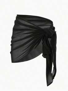 Falda pareo de malla de color sólido, perfecta para vacaciones en la playa. - Negro - Ver 3