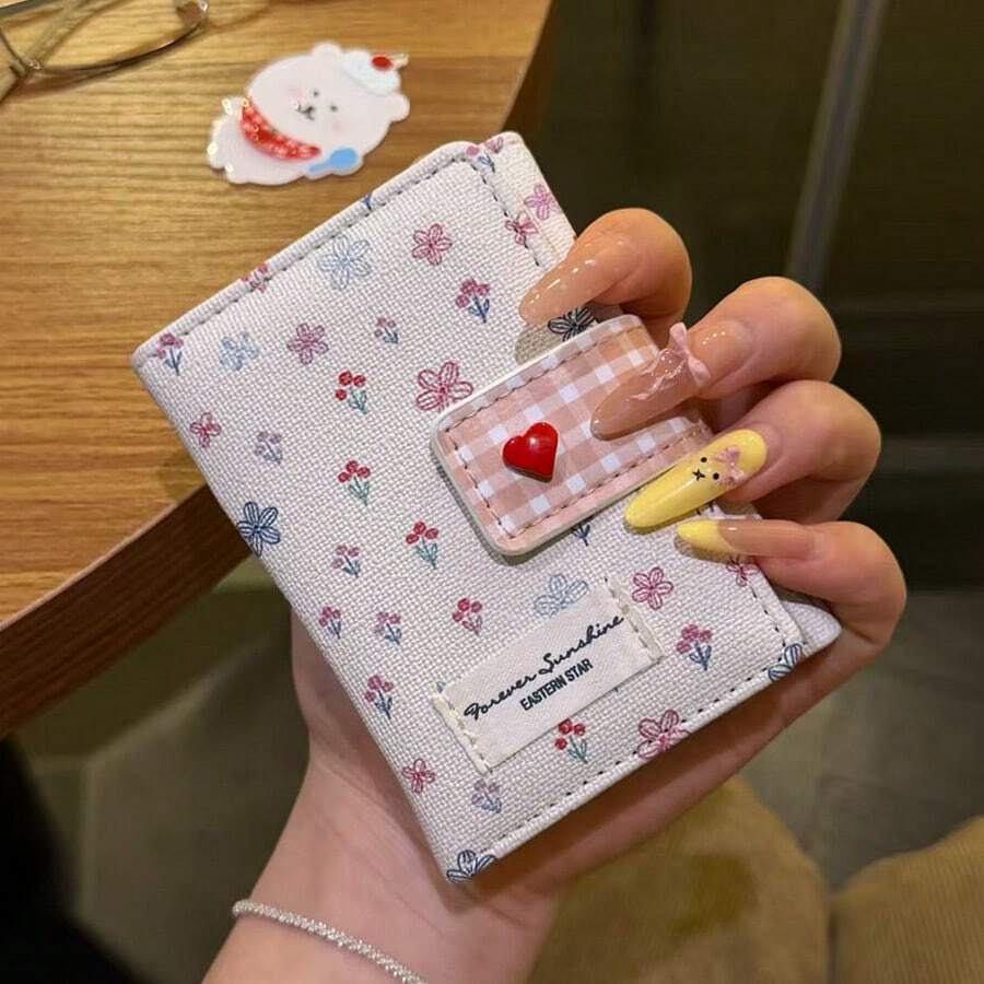 Floral Heart-Shaped Compact Tri-Fold Wallet, Minimalist Korean Style Fashion For Women - Multicolor - View 1