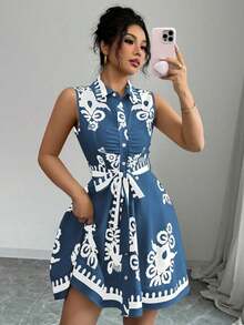 Elenzya Vestido corto sin mangas con botones delanteros y estampado vintage para vacaciones casual de mujer - Azul - Ver 3