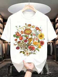 1 pieza de camiseta de manga corta con cuello redondo y estampado de ramo floral para mujer, ropa casual de verano con diseño gráfico inspirado en la naturaleza. Es una camiseta perfecta para regalar a amigos y familiares en cualquier día festivo u ocasión especial, 180g 100% algodón. - Negro - Ver 9