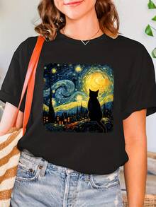 Women's Modern, Casual T-Shirt, Perfect For Parties And Lounging At Home. 100% Cotton, Loose Fit. Van Gogh Cat Print T-Shirt, Short Sleeve Crew Neck Casual Top For Summer & Spring, Women's Clothing. 100% Cotton - 黑色 - 查看 2