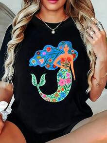 Talla Grande - Camiseta de Talla Grande con un Vibrante Estampado de Sirena y Flores Marinas, Camiseta Gráfica Negra de Manga Corta y Cuello Redondo - Lavable a Máquina, Estilo Casual, Ajuste Cómodo, Diseño Moderno, Versátil para Uso Diario, Tela Suave - Negro - Ver 1