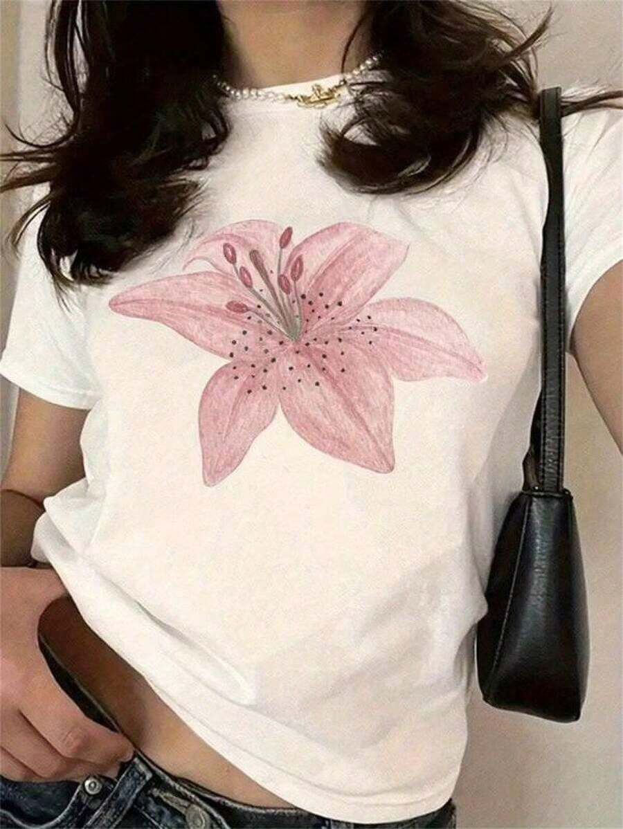 2026 Estampado de camisas de mujer,Nuevo verano ligero blusas casuales para dama,Camiseta de manga corta para mujer con estampado de lirios rosas, camiseta casual, tejido cómodo para todas las estaciones, lavable aáquina, para regalos del Día de la Madre, camiseta casual de cuello redondo. - Blanco - Ver 1