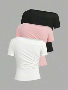 Camiseta de moda de manga corta con hombros oblicuos y ajustada de unicolor para mujer, verano - Multicolor 5 - Ver 9