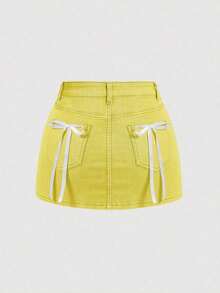Falda mini de mezclilla con decoración de lazo para verano - Amarillo - Ver 5
