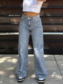 Jeans rectos de pierna suelta con bolsillo en diagonal de unicolor para mujer - Lavado ligero - Ver 4