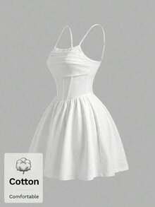 Elegante vestido de tirantes con fruncido en la cintura de color liso - Blanco 2 - Ver 3