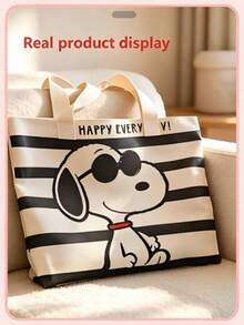SNOOPY 1个史努比条纹帆布手提包，大容量单肩包，可爱多功能手提包，适合工作、休闲、旅行、上学，是生日、情人节、母亲节的绝佳礼物。 - 彩色 - 查看 4