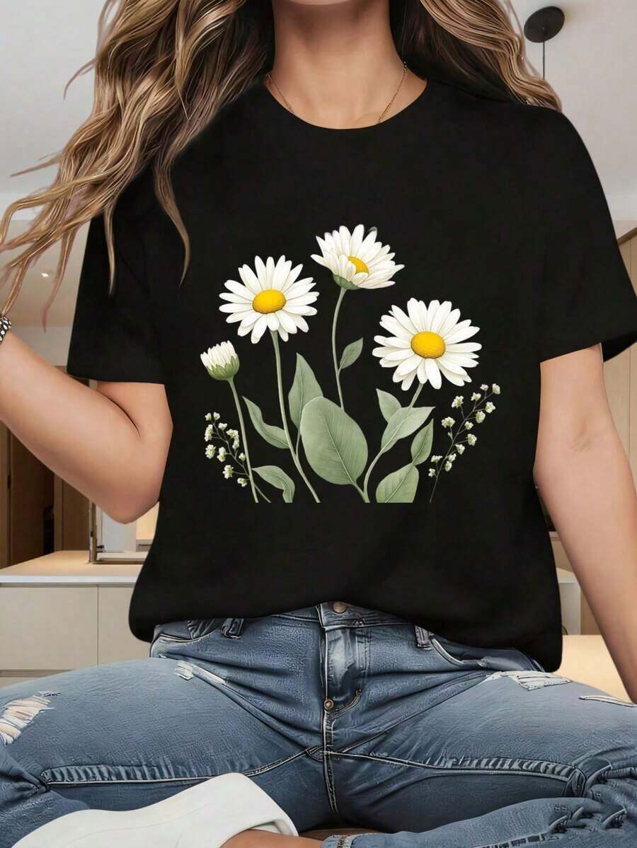 1 pieza de camiseta de manga corta con cuello redondo y estampado interesante para mujer. Camiseta negra con diseño de flores de margarita, top casual de manga corta para mujer, estampado floral boho, corte holgado, ideal para el verano. Adecuada para fiestas de Navidad, actividades deportivas, fiestas de vacaciones, salidas, deportes y otros regalos navideños. 180g 100% algodón, los diseños están completamente impresos. Unisexo. - Negro - Ver 1