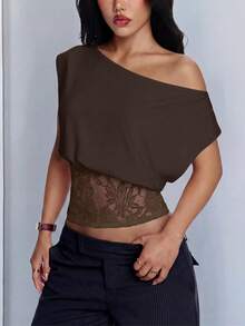 Casual Loose Lace Shoulder Off Blouse Tee, Versatile Solid Color For Daily Wear, Summer - Coffee Brown - View 6