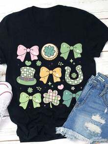 1 Teacher T-Shirt For St. Patrick's Day, Lucky Teacher T-Shirt, Shamrock Bow T-Shirt, Casual Crew Neck T-Shirt For Women, 210g 100% Cotton, Designs Are Printed. Unisex. - 黑色 - 查看 11