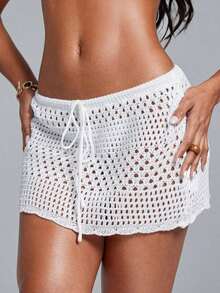 Swim Lushoire Falda pareo con dobladillo ondulado para la playa, con patrón geométrico perforado y floral - Blanco - Ver 7