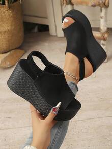 Women's Platform Wedge Sandals, Summer Shoes, Comfortable Chunky High Heel Shoes For Daily, Open Toe Slip-On With Elastic Ankle Strap, Vacation - Black - View 2