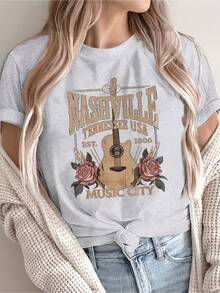 Women's Short-Sleeved Top With A Round Neck In Pure Cotton, Modern Printed Design, Cool And Breathable Fabric, Versatile Garment For Casual Looks, Everyday Occasions And Social Gatherings All Year Round - 淺灰色 - 查看 8