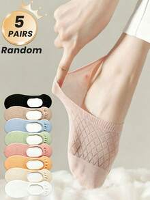 1/5 Pairs (Random Delivery) Women's Multi-Color Diamond Grid Mesh Breathable Anti-Slip Silicone Invisible Boat Socks, Suitable For Students, Daily Commute, Low-Top Shoes - Multicolor - View 11