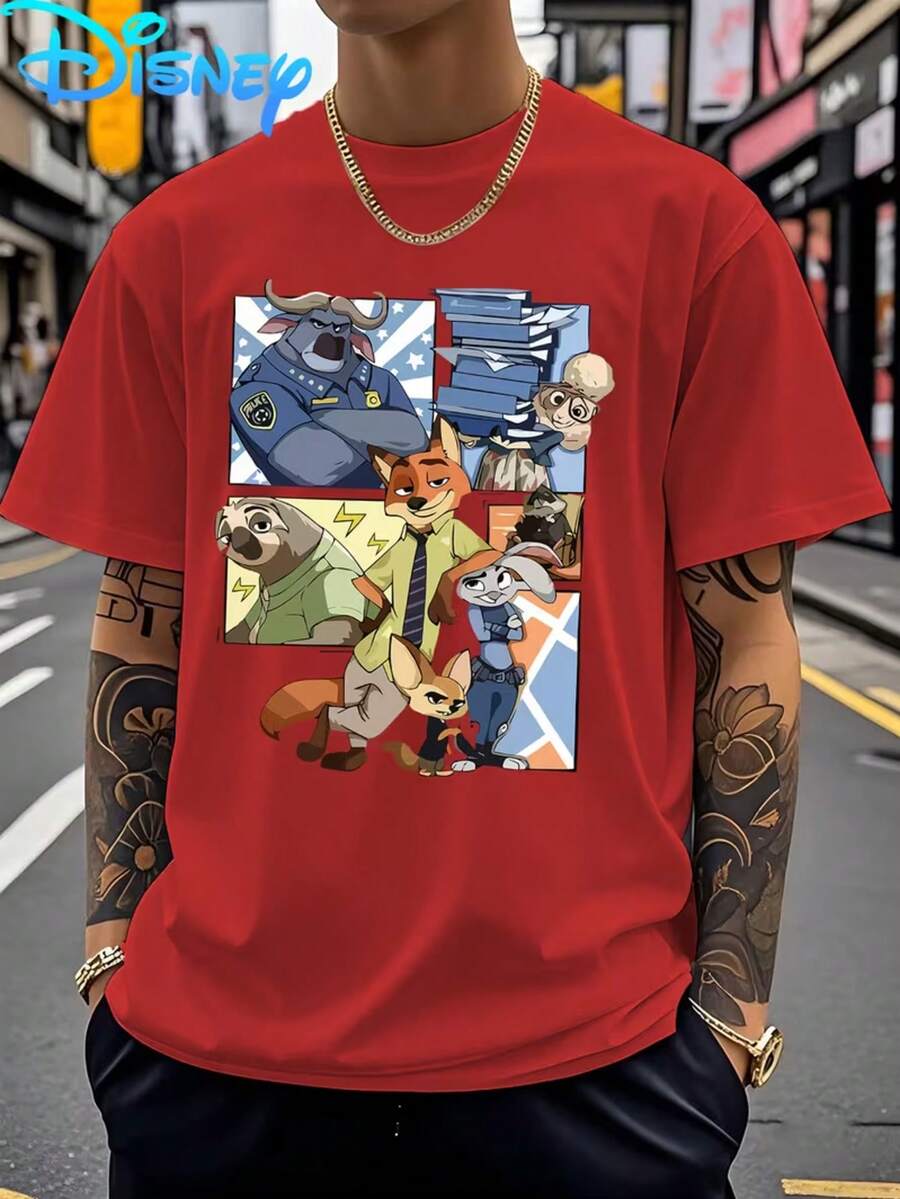 Disney Authorized Men's "Zootopia 2" Disneyland Theme Printing Cool Street T-Shirt, Nick And Judy Pattern Knot Decoration, Fabric Washable And Easy To Take Care Of, Wear And Adapt On Many Occasions, The Theme Atmosphere Of The Park Is Full. - Đỏ - Xem 1