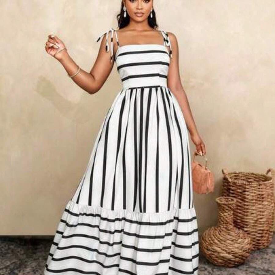 Women's Flowing Striped Maxi Dress With Shoulder Straps And Chest Gathering, Suitable For Vacation, Beach, Commuting, And Casual Daily Wear, Elegant Gown (Random Floral), Summer Outfits , Summer Tops Summer Clothes , Summer Outfits For Women , Summer Holiday Outfits , Summer Outfit For Women,Beach , Beach Dress , Beach Dresses , Beach Outfits For Women, Beach Outfit For Women , Beach Outfit , Vacation Outfits Women , Holiday Outfits For Women , Summer Holiday Outfits , Vacation , Holiday , Vacat - Blanco - Ver 1
