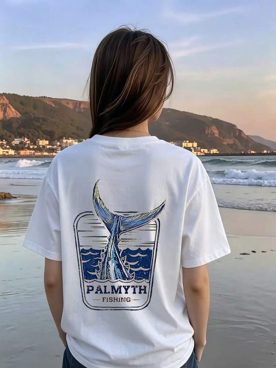 Women's Fashionable Summer Short Sleeve T-Shirt With "Fishtail" Print For Casual Outdoor Wear, Loose Fit Shirt For Women. - 白色 - 查看 1