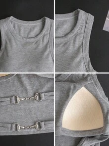 Women's Solid Color Sleeveless Round Neck Ribbed Knit Tank Top - Elegant Casual Sweet Sexy Street Style, Slim Fit, Suitable For 18-35 Years Old, 2026 Spring/Summer Essential, Suitable For Daily Wear/Layering/Weekend Gatherings - Grey - View 9