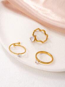 Juego de anillos apilables de acero inoxidable chapado en oro de 18K con incrustaciones de diamante de imitación, diseño minimalista de corazón y gota de agua, anillos de amistad versátiles para uso diario - Dorado - Ver 3