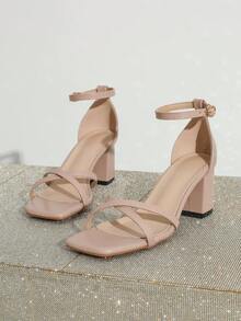 Square Toe Thick High Heel Sandals, Simple Elegant Dignified Strap Design, Suitable For Daily Outings, Work And Party Occasions, Fashionable Versatile Women's High Heel Sandals, Available In Black And Red - Dusty Pink - View 6