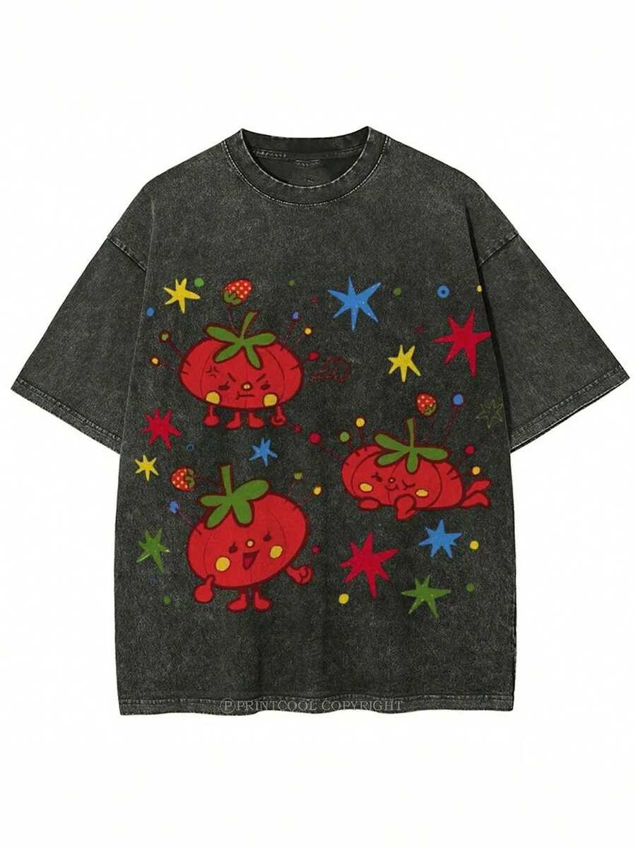 Camiseta con estampado de tomates, estilo casual y atractivo, de alta calidad, de la marca de moda vintage Batik, unisex, popular para uso diario, regalo para las fiestas, el obsequio perfecto. - Negro - Ver 1