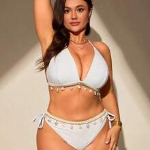 Swim  Plus Size Shell Details Halter Neck Bikini Set For Summer Beach Vacation - Albaricoque - Ver 5
