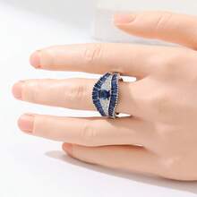 Luxury Retro Wide Band Ring, Blue & White Synthetic Cubic Zirconia Inlaid, Unisex Elegant Accessory, Versatile For Daily Wear And Festivals - Silver - View 2