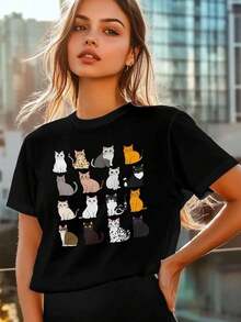 Camiseta de Mujer con Estampado de Dibujos Animados de Varios Gatos, Camisetas Gráficas de Animales de Manga Corta, Camiseta Ajustada de Cuello Redondo y Canalé Negra para Mujer - Negro - Ver 6