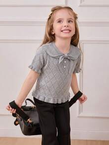 Kleine Mädchen Mode Strick Kurzarm Top, Schleifendesign, Lässiges Strick Kurzarm Top, vielseitig für den Alltag, Sommer - Grau - Übersicht 4