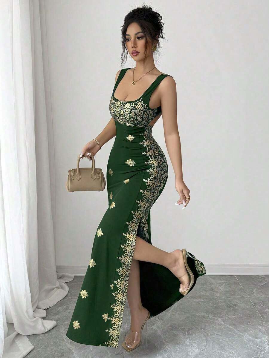 YHHSHEIN Raffinéa Vestido de verano nuevo para mujer, dorado brillante y negro, con cuello cuadrado, tirantes de espagueti, espalda descubierta, bajo con abertura, ajustado de cintura alta, adecuado para fiestas, bodas, banquetes de negocios, ocasiones diarias, galas, fiestas de boda y atuendos festivos. YHH - Verde Oscuro - Ver 1