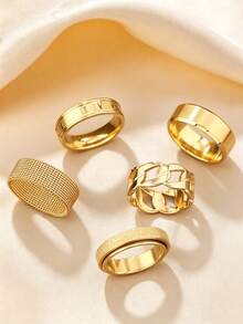 Set de 5 anillos de acero inoxidable, anillo giratorio minimalista dorado, set de anillos huecos de hip hop - 5 piezas - Ver 1