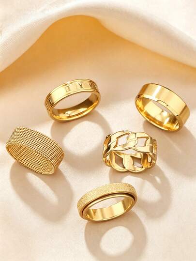 5 Stück Edelstahl Ring Set, minimalistischer goldener Drehring, Cut Out Hiphop Ring Set
