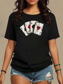Poker Cards With Marked Aces Symbolizing Luck And Passion In Every Play, Women's T-Shirt Made Of Soft And Comfortable 100% Cotton Fabric, Ideal For Wearing With A Casual Attitude, Maija Woman. - 黑色 - 查看 8
