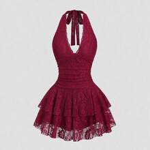 Petite Women's Red Sleeveless V-Neck Lace Patchwork Sexy Mini Dress Bachlorette Party Dress Red Lace Dress - Burdeos - Ver 2