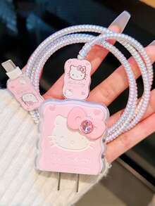 SANRIO 1 Set Protector de cable de datos con forma de gato blanco hueco y lazo de strass rosa, compatible con Apple - Rosa - Ver 6