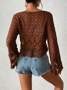 1pc Solid Color Knit Sheer See-Through Casual Blouse, Suitable For Beach, Resort, Spring/Summer/Autumn Vacation - Coffee Brown - View 3