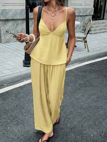 Conjunto de 2 piezas para mujer : Top de camisola elegante y pantalones holgados con cordón, camisola de lino con escote en V profundo y diseño sin espalda, y pantalones de cintura relajada, conjunto sexy, lindo y elegante para el verano - Amarillo - Ver 10