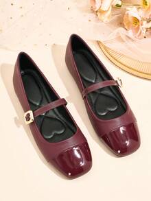 2026 Nouvelles ballerines Mary Jane métalliques dorées pour femmes, polyvalentes pour les trajets, mode élégante, boucle à sangle unique - Rouge foncé - Voir 17
