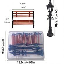 Miniature Park Bench & Street Lamp Set, Dollhouse Furniture Accessories, 1:12 Scale Model Bench & Light Post For Fairy Garden, Diorama, Railway Scenery, DIY Craft Decoration - A - View 3