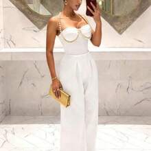 Slayr Spring/Summer Elegant Sexy Vacation Pearl Chain Decor Camisole Jumpsuit, Suitable For Wedding, Party - Blanco - Ver 1