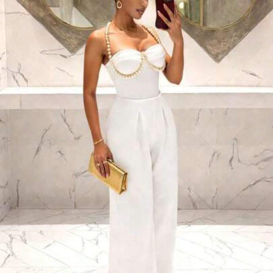 Slayr Spring/Summer Elegant Sexy Vacation Pearl Chain Decor Camisole Jumpsuit, Suitable For Wedding, Party - Blanco - Ver 1