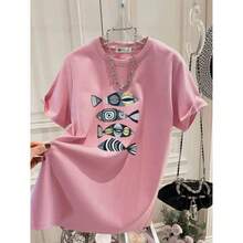 Camiseta de algodón puro para mujer, estilo holgado, de manga corta, con estampado de peces, a la moda, de longitud media, nueva colección de verano 2024. - Blanco - Ver 4