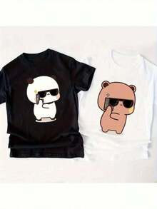1pc Matching Couple T-Shirts Bubu And Dudu, Cotton, Bear And Panda, Love Graphic, Short Sleeve, Round Neck, Cute Valentine's Day Gift For Lovers - 黑色 - 查看 7