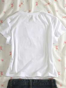 Camiseta de manga corta para mujer con estampado de eslogan, cuello redondo, estilo casual y versátil, para el tiempo libre. - Blanco 3 - Ver 2
